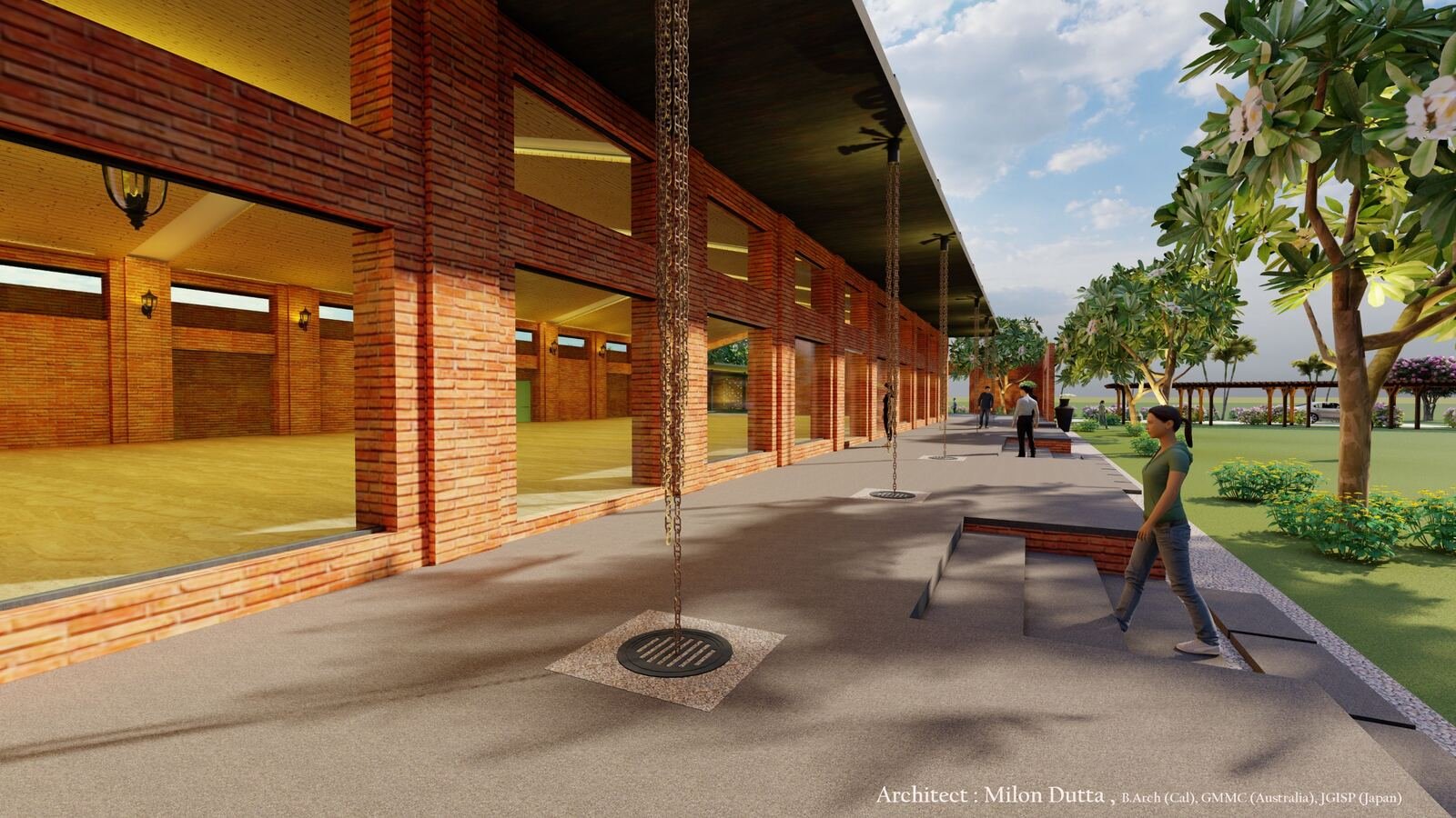 Brick colonnade walkway along the banquet hall