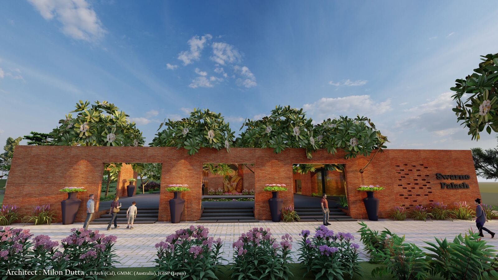 Swarno Palash venue entrance with brick archways and lily pond